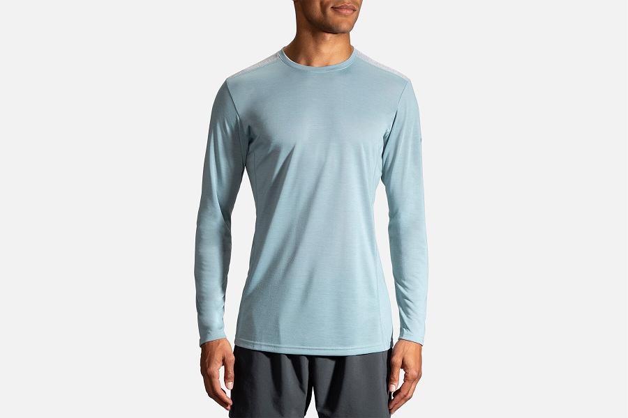 Brooks Distance Men Running Clothes & Long Sleeve Running Shirt Blue UIB326470